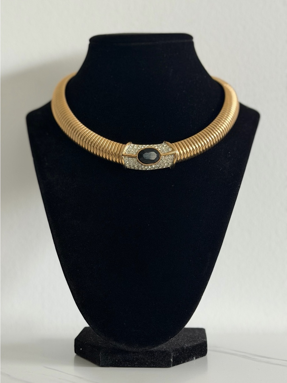 Gold-Tone Statement Omega Necklace with Black Center Stone